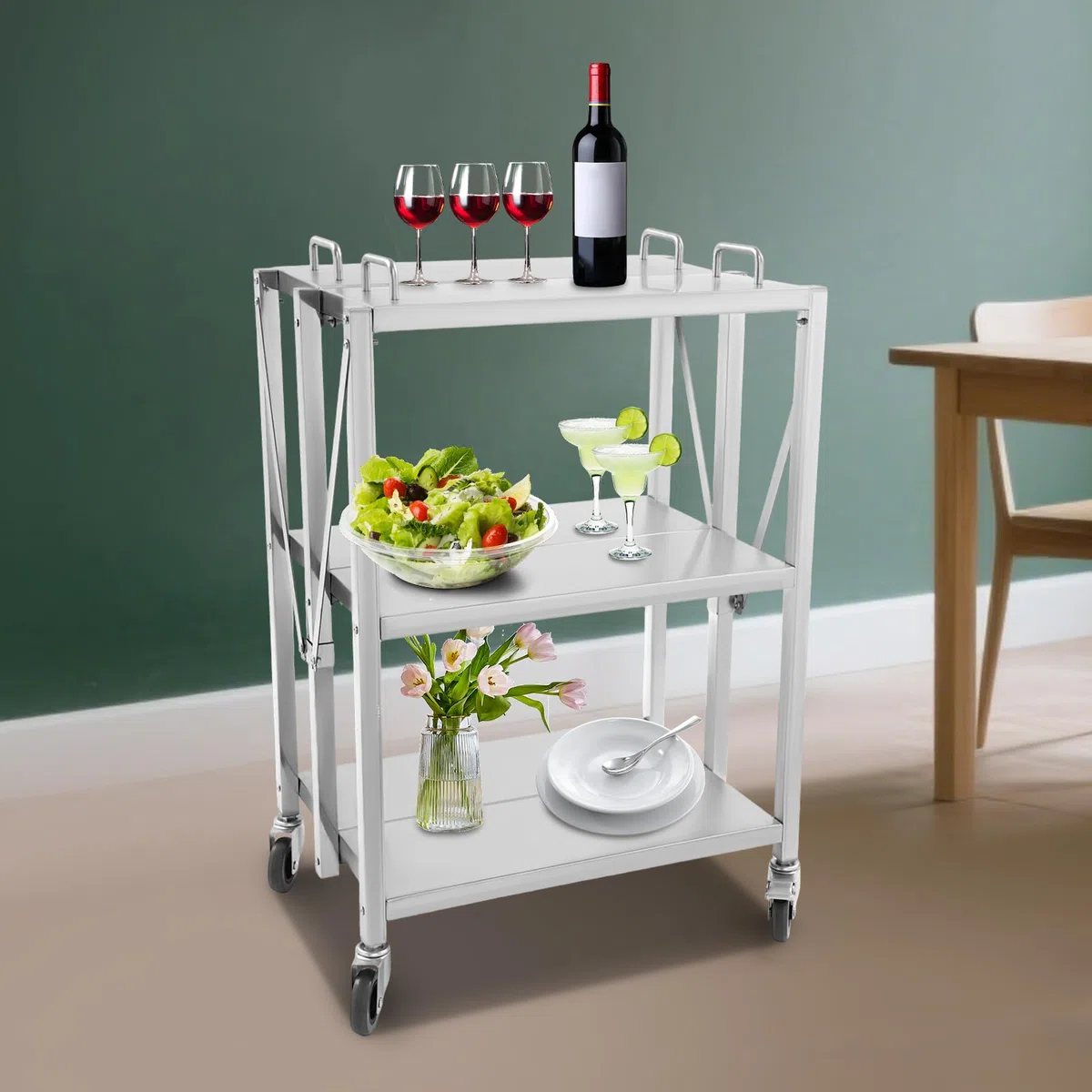 3 Borde Faltbarer Servierwagen, Klappbarer Küchenwagen, Küchenwagen aus Edelstahl, Hochbelastbare Edelstahlplatte, Hohe Tragfähigkeit kann in Küchen, Restaurants, Cafés, Bars 63x40x95 cm