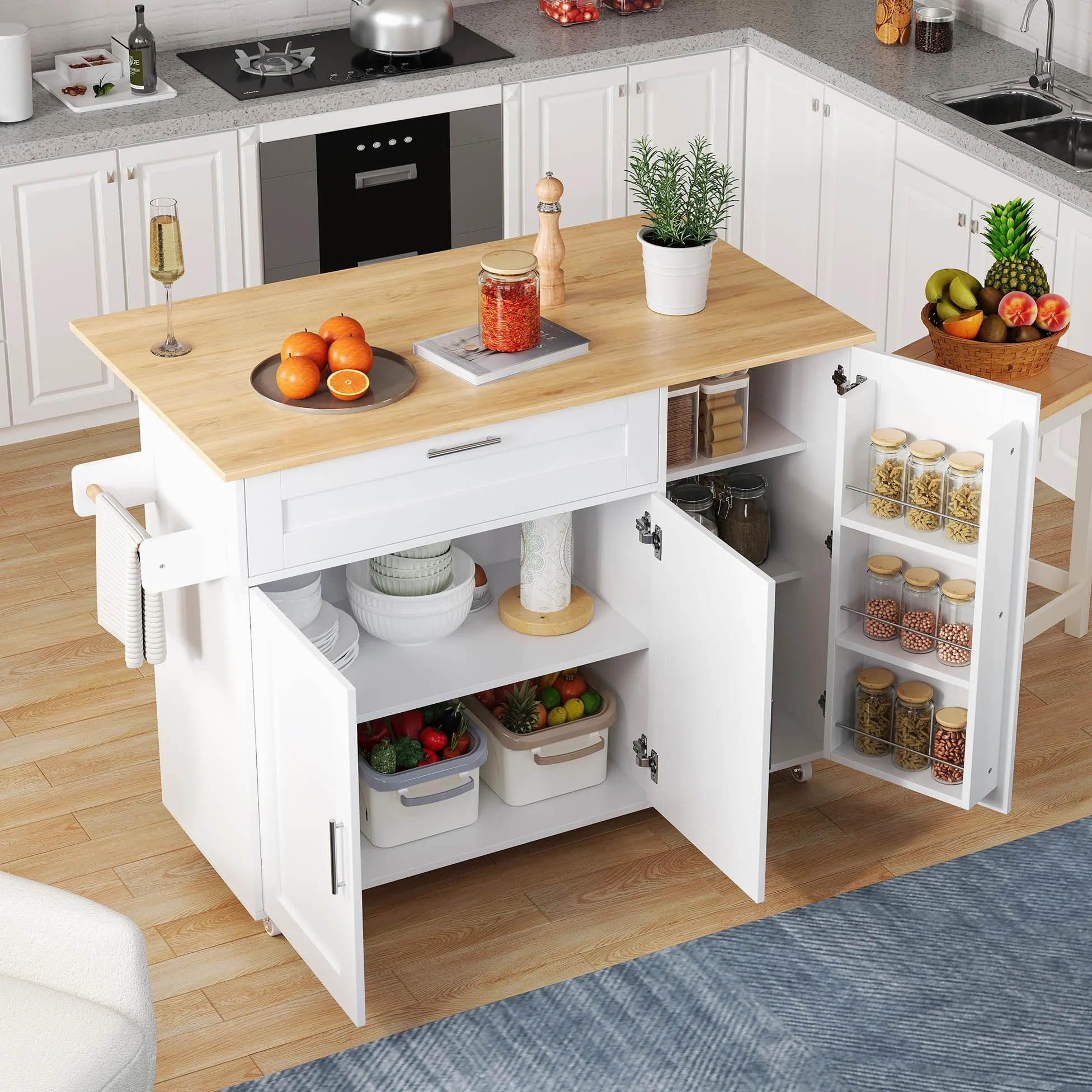 Kücheninselwagen mit abklappbarer Arbeitsplatte, Küchenschrank auf Rollen mit Schublade & Gewürzregal & 3 Türen, bewegliche Kücheninsel, für Küche und Esszimmer, 132.5x44(70) x90 cm (Weiß)