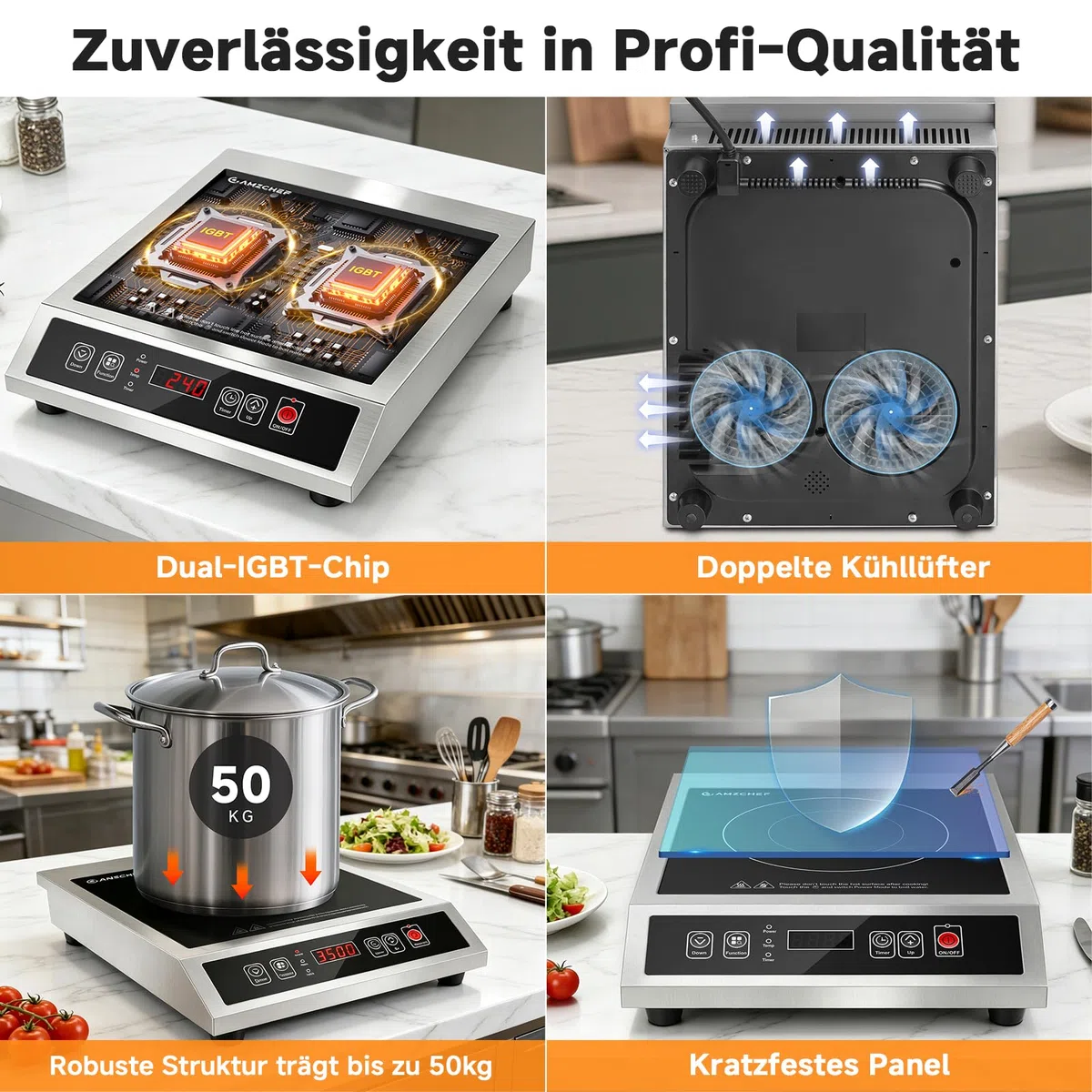 AMZCHEF Gewerbliches Induktionskochfeld 3500W, Induktionskochfeld 1 Platte, 21 Leistungs- & 20 Temperaturstufen, Edelstahlgehäuse, 10H-Timer, Geeignet für Professionelle Catering Küche Restaurant