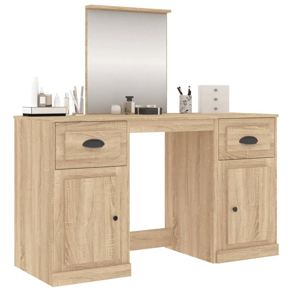 Schminktisch mit Spiegel Sonoma-Eiche 130x50x132,5 cm Holzwerkstoff Make-up Tisch Kosmetiktisch mit Stauraum und Wandhalterung für Schlafzimmer, Bad, Studio, Salon