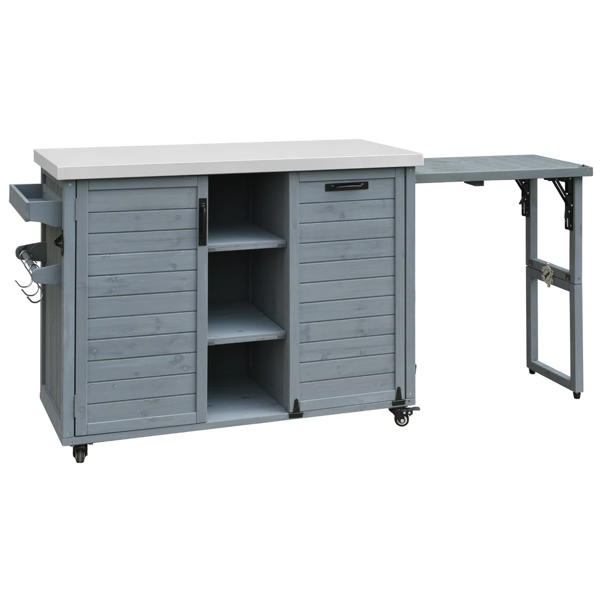 Faltbarer Grilltisch für den Außenbereich, 198,9 cm, tragbare Kücheninsel aus Holz mit Edelstahlplatte und Müllaufbewahrung, Barwagen für den Außenbereich, für Pizzaofen, Terrasse, Grillstation
