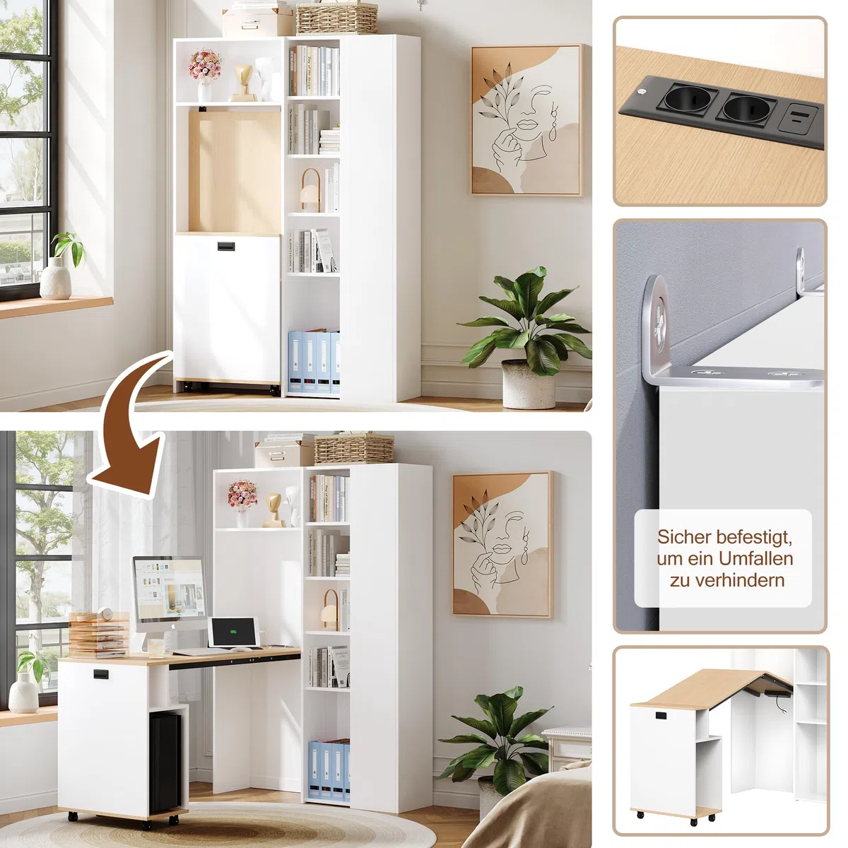 Klappbarer Schreibtisch mit Ablagen –2-in-1-Bücherregal und Schreibtisch, klappbar, mit Steckdose und USB-Anschluss, höhenverstellbare Ablagen, Kippschutz, weiß-Schreibtisch,Eck-Schreibtisch-rechts