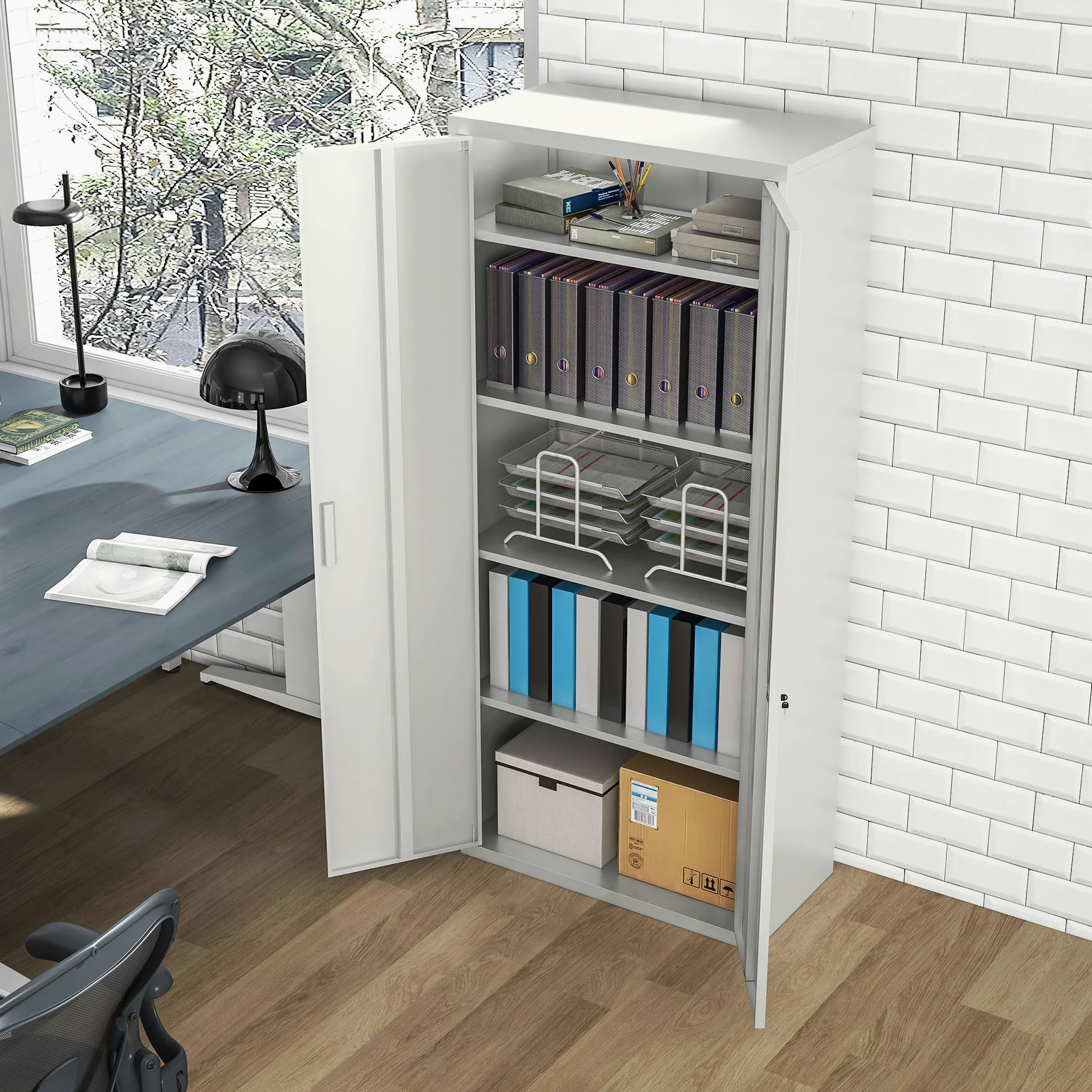 HOMCOM Aktenschrank, Büroschrank mit 2 Türen 5 Ebenen für Wohnzimmer Weiß