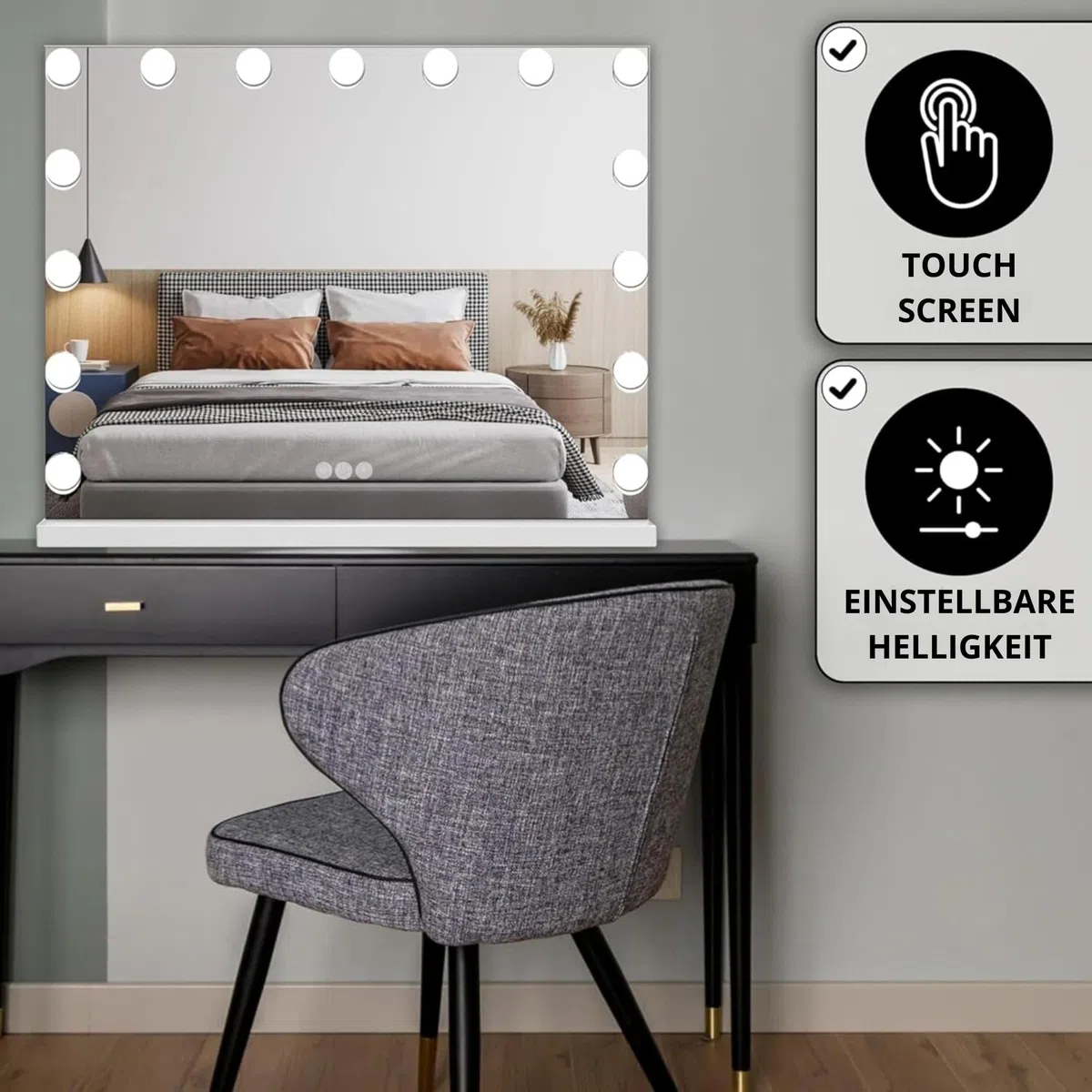 Bayt Schminkspiegel mit Beleuchtung – 15 LEDs, Touch, 58 x 46 cm