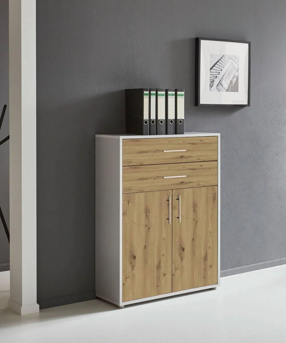 BMG Möbel Schubkastenschrank mit 2 Türen ideal für Büro & Arbeitszimmer wählbar aus 26 verschiedenen Farbkombinationen (Lichtgrau - Artisan Eiche)