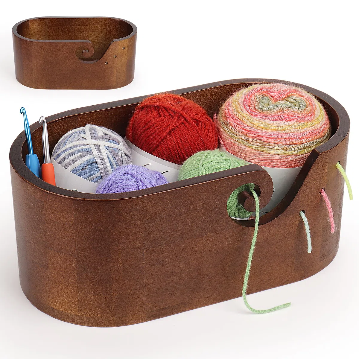 Coopay Elliptisch Garnschale mit Groß Kapazität, Supergroß Wollschüssel aus Holz, Handgefertigt Holz Strickschale für Wolle, Glatte Holzgarnschale für Häkel- und Strickprojekt, 28,5x15,5x15cm