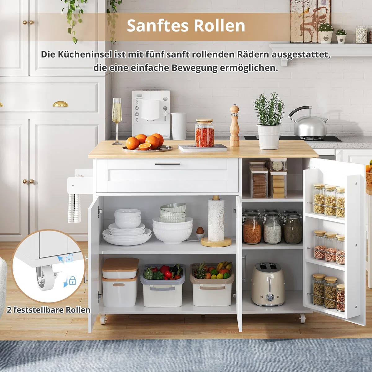 Kücheninselwagen mit abklappbarer Arbeitsplatte, Küchenschrank auf Rollen mit Schublade & Gewürzregal & 3 Türen, bewegliche Kücheninsel, für Küche und Esszimmer, 132.5x44(70) x90 cm (Weiß)